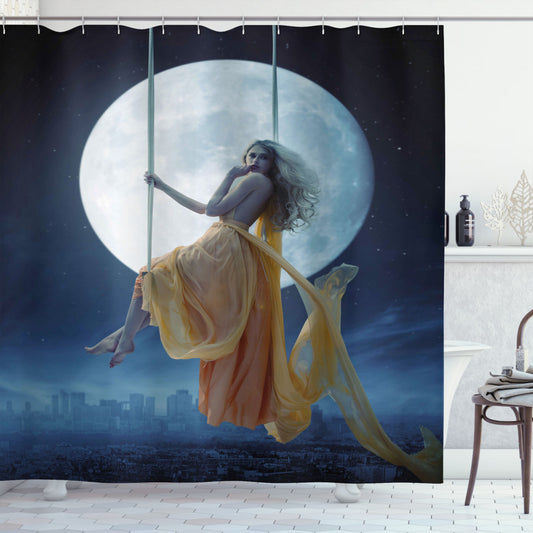 Swing in the Moonlit Sky: Dark Blue Grey Shower Curtain