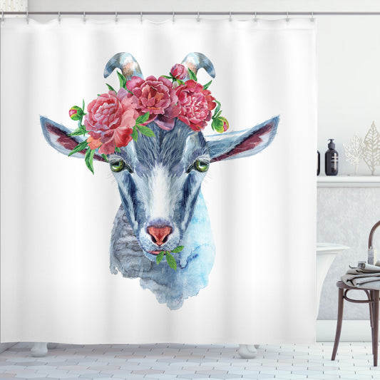 Watercolor Multicolor Goat Portrait Wreath Shower Curtain - Stunning Bathroom Decor