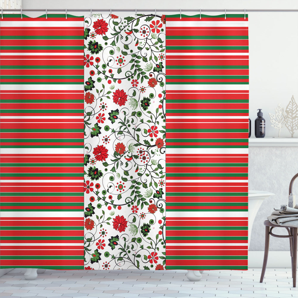 Christmas Multicolor Striped Floral Border Shower Curtain