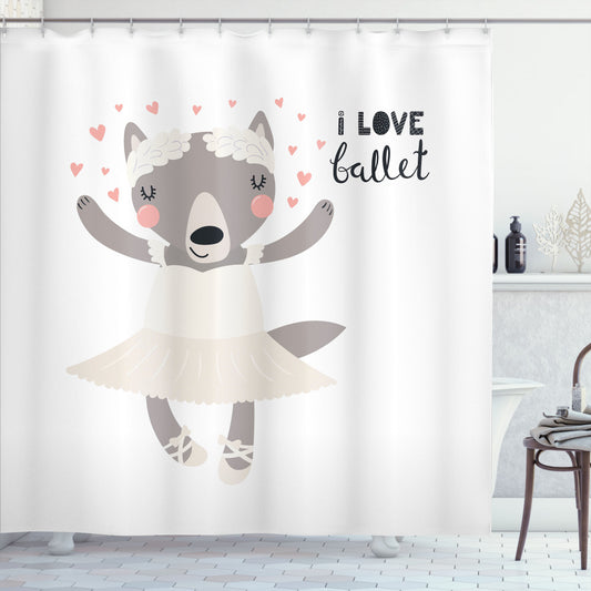 Cartoon Ballerina Wolf in a Tutu - Pale Taupe, Eggshell, and Blush Shower Curtain