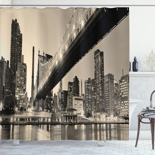 Vintage Queensboro Bridge Shower Curtain in NYC Scene with Charcoal Grey, Pale Mustard, Champagne, and Taupe Colors