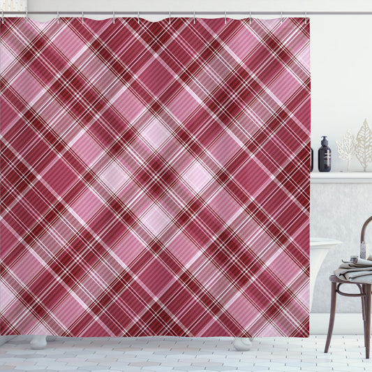 Checkered Diagonal Line Rhombus Shower Curtain in Dried Rose, White, and Ruby Tones