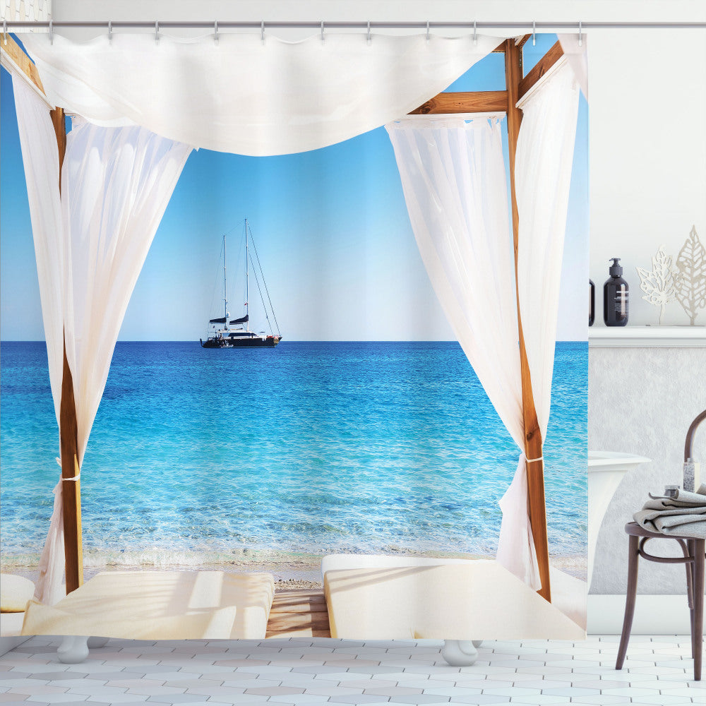 Balinese-Inspired Honeymoon Spa Bath Curtain in White and Blue Palette