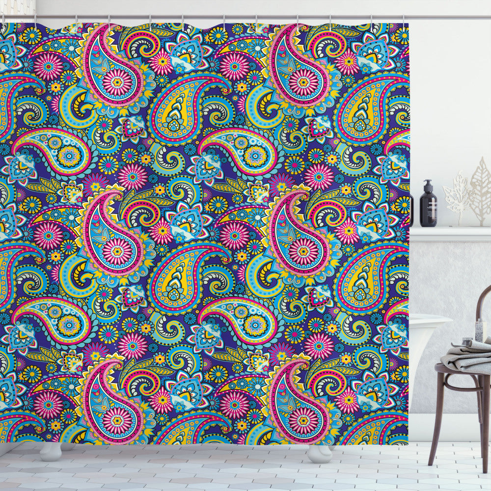 Vintage Paisley Shower Curtain in Navy and Blush with Yellow, Pink, and Blue Accents