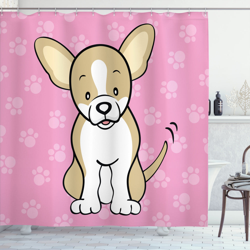 Charming Cartoon Chihuahua Design Shower Curtain in Pale Camel, Baby Pink, White, and Charcoal Grey Palette