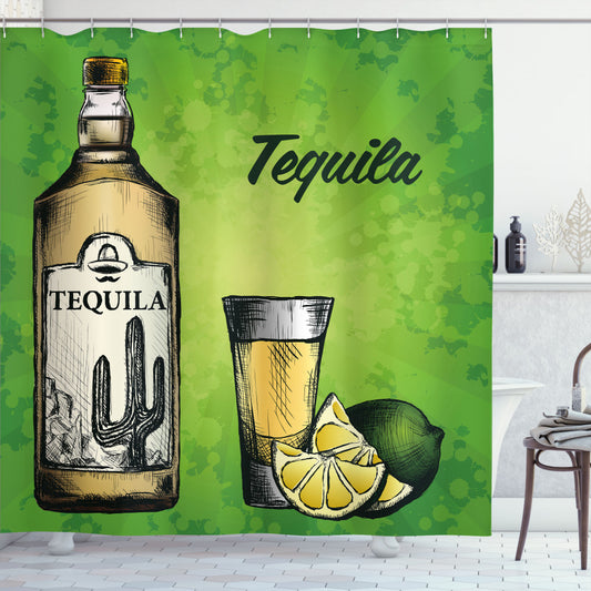 Tequila Lime Green, Pale Camel, and Charcoal Grey Bottle Shot Glass Bath Curtain