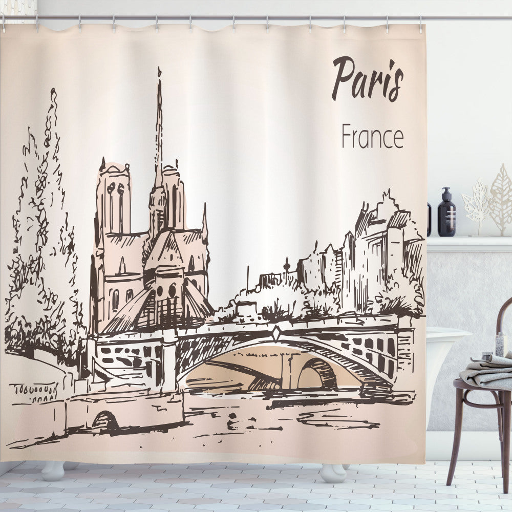 Cityscape Art Featuring Notre Dame de Paris in Off White, Pale Eggshell, and Ecru - Shower Curtain