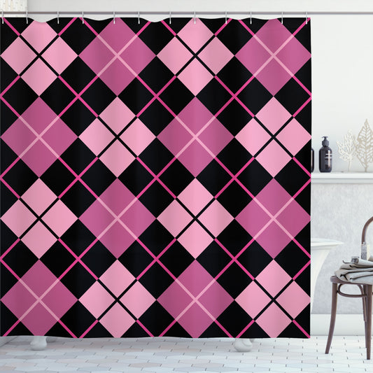 Chic Geometric Fusion: Checkered Black, Pale Pink, and Pink Shower Curtain