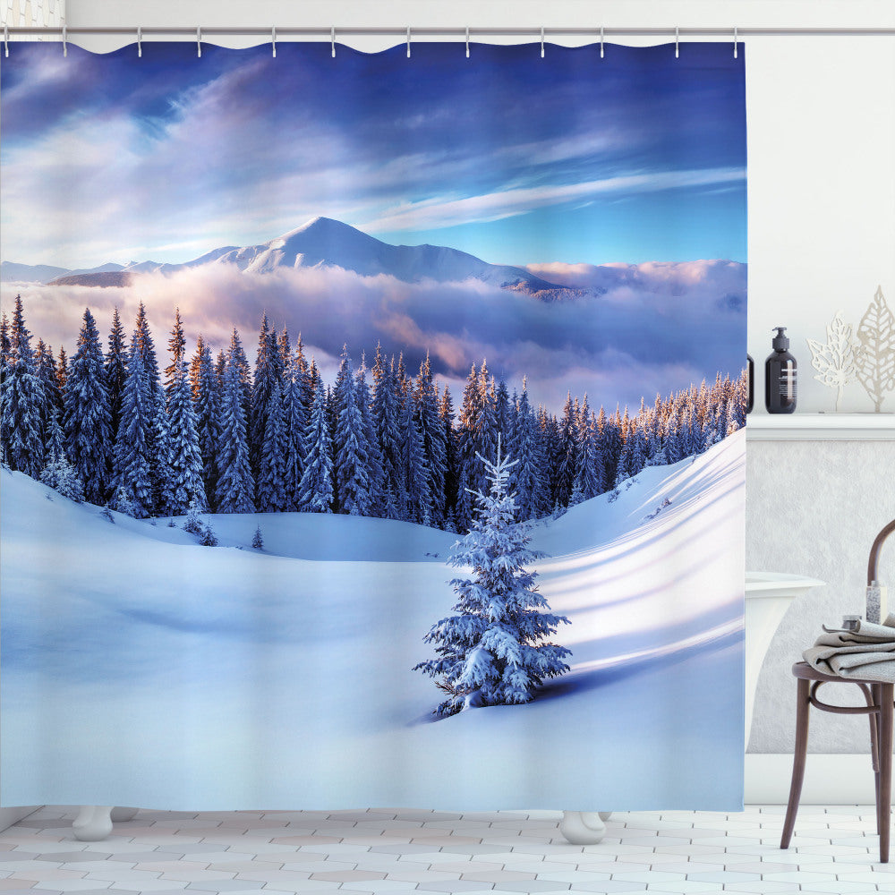 Winter Wonderland: Snow-Covered Mountain Peaks Shower Curtain