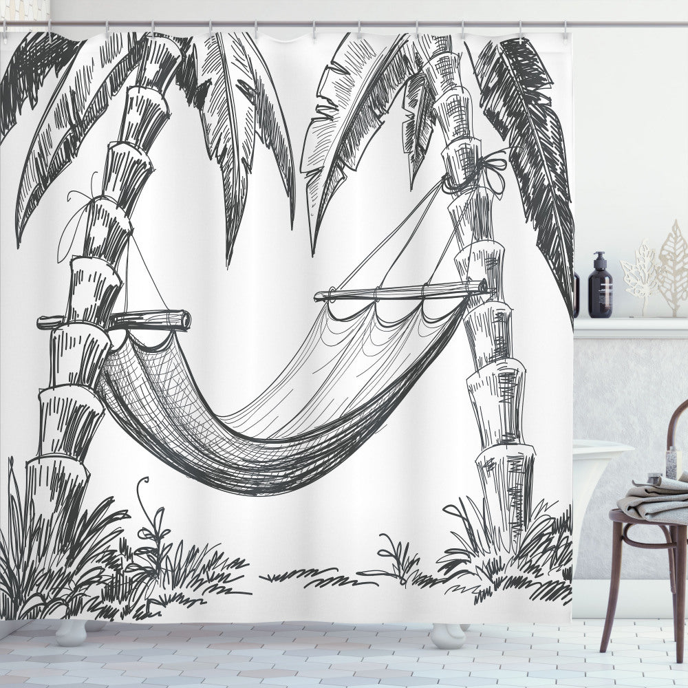 Vintage Boat Hammock Palm Trees Charcoal Grey and White Shower Curtain