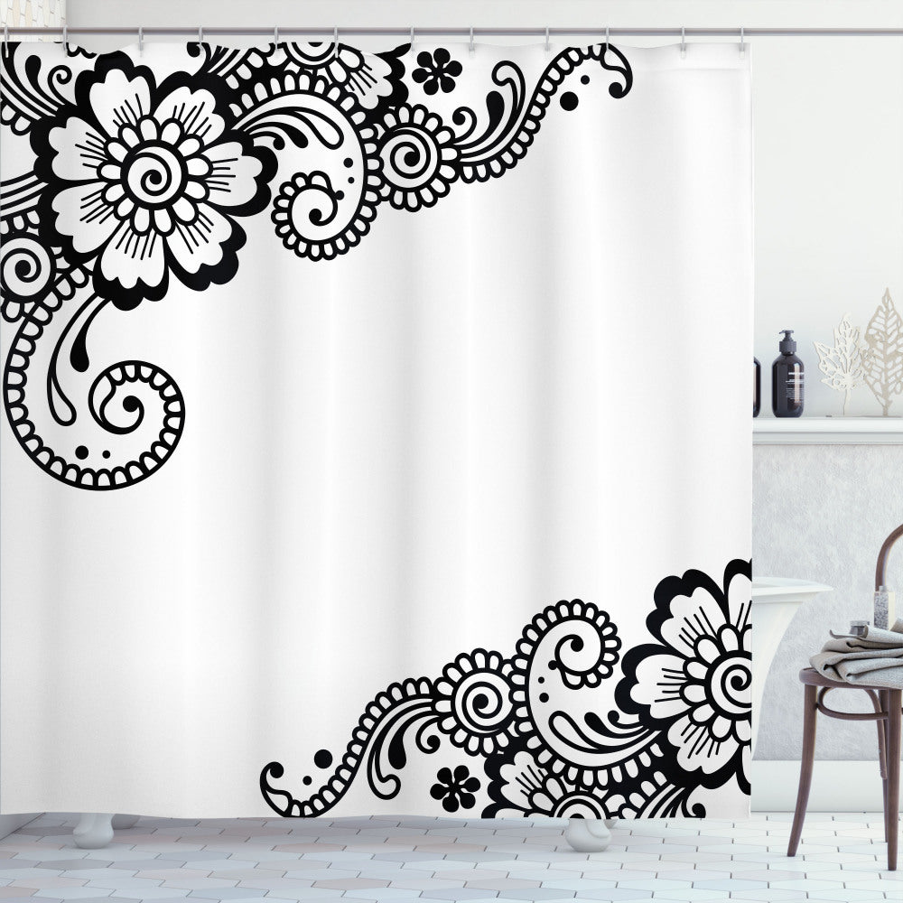 Asian-Inspired Floral Oriental Art Shower Curtain in White and Black