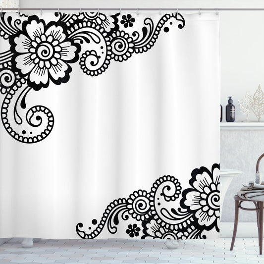 Asian-Inspired Floral Oriental Art Shower Curtain in White and Black