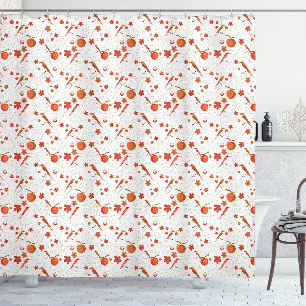 Woodland Flower Pattern Shower Curtain: Featuring Birds, Avocado Green, Peach, and Coral