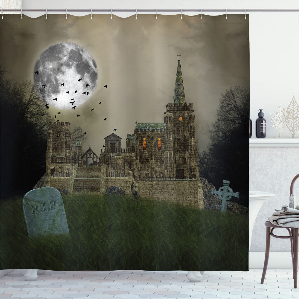 Vintage Village and Grave Inspired Gothic Beige and Green Shower Curtain