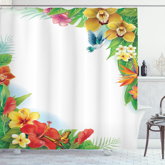 Vibrant Tropic Flowers and Leaves Shower Curtain with Hummingbirds in Multicolor