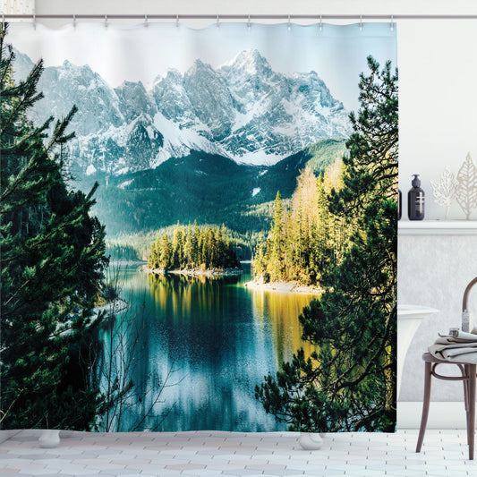 White and Green Landscape: Mountain Frozen Lake Shower Curtain