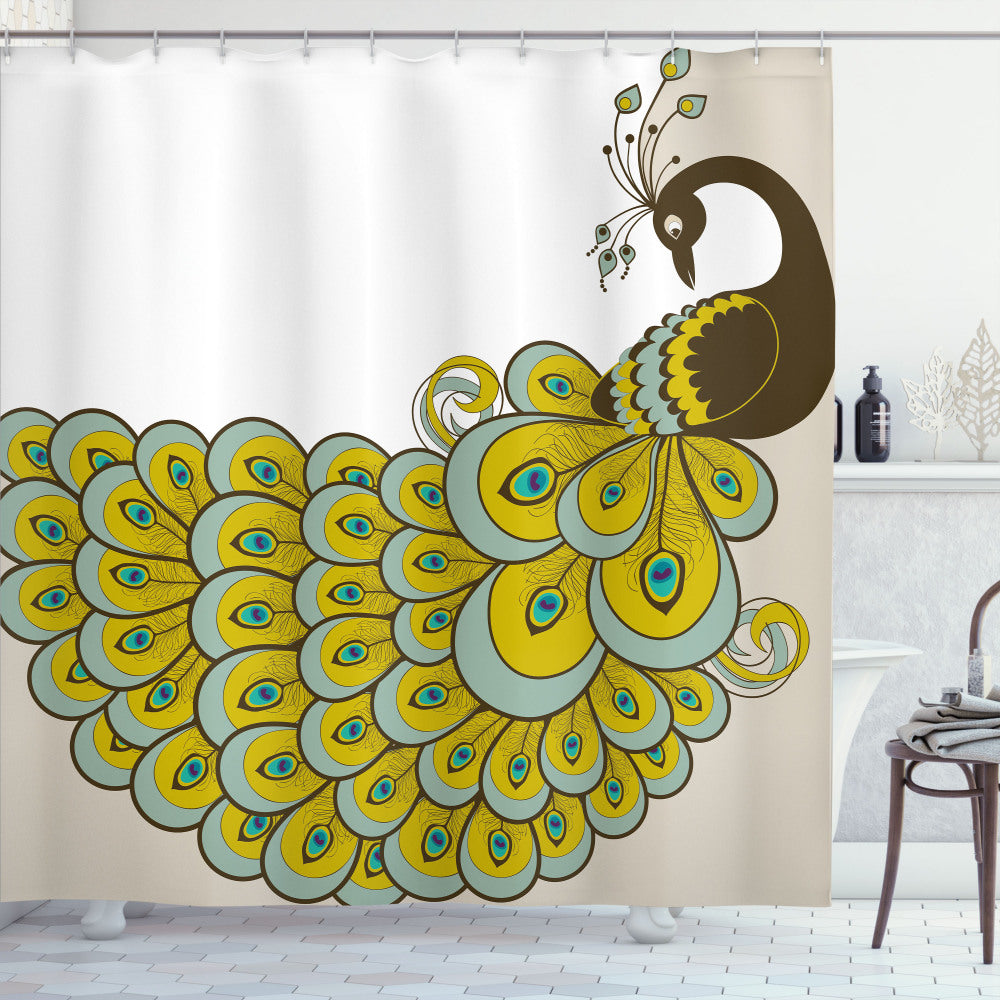 Vibrant Peacock Tail Design Shower Curtain in Animal-Inspired Sage Green, Beige, and Brown Tones