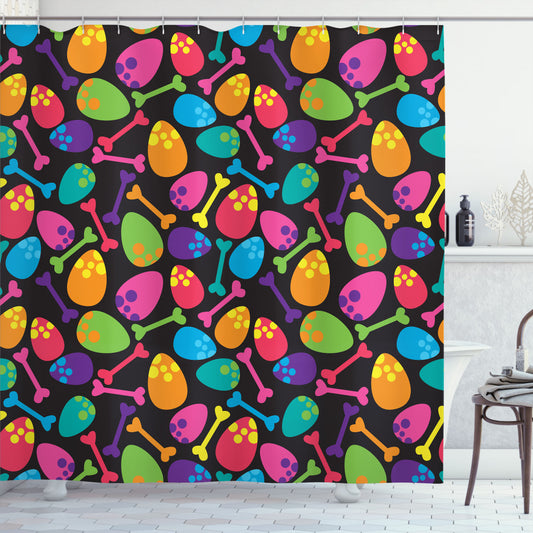 Velociraptor Multicolor Dinosaur Eggs Bones Shower Curtain - Perfect for Dino Enthusiasts!