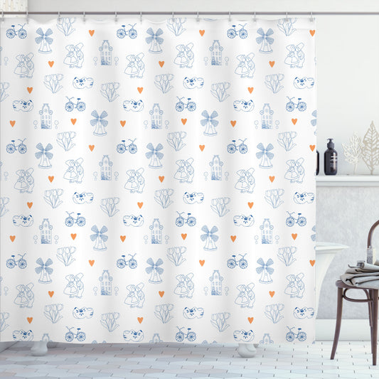 Classic Clogs Bicycles: Dutch-Inspired Navy Blue, Orange, and White Shower Curtain