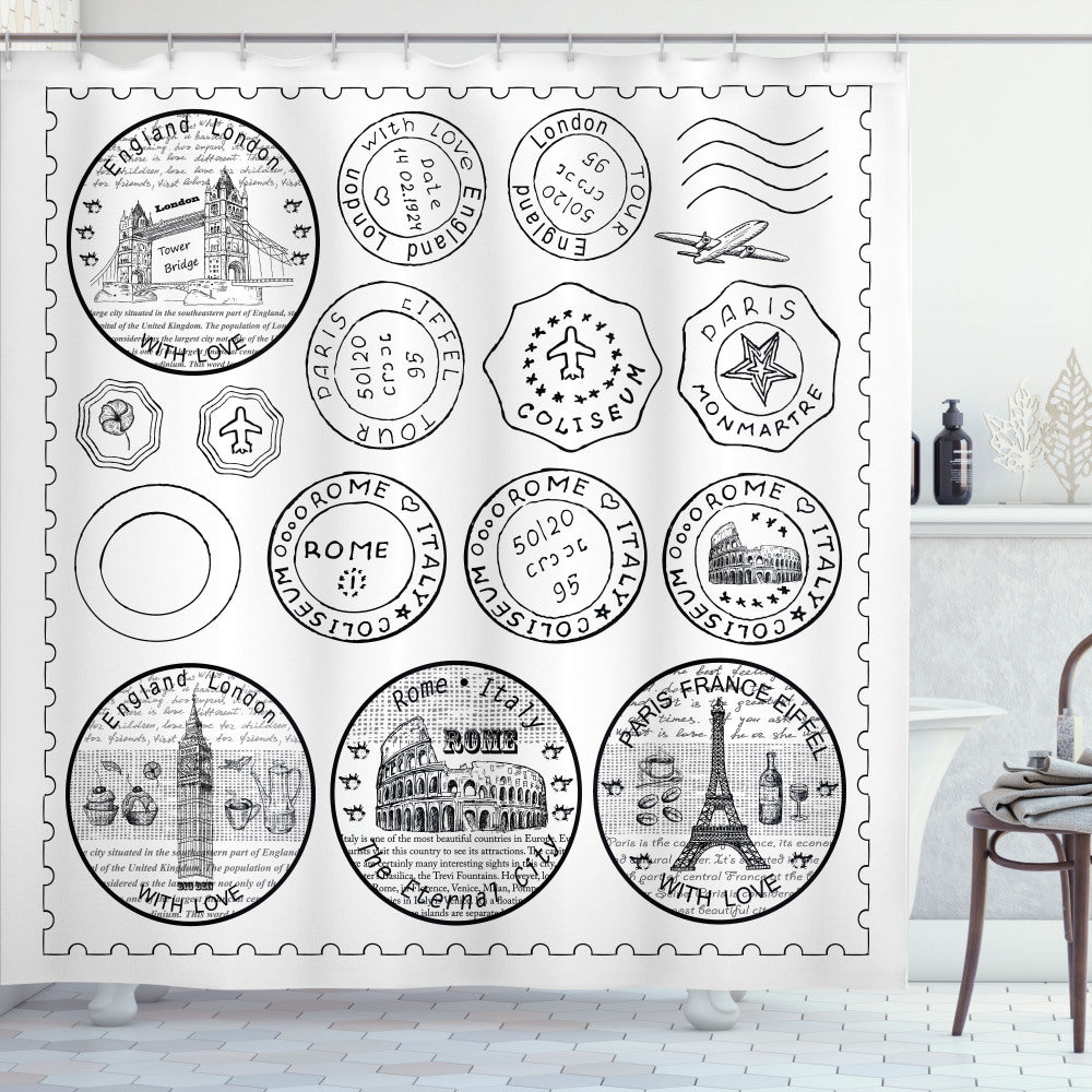 White and Black Travel Stamps Famous Landmarks Shower Curtain