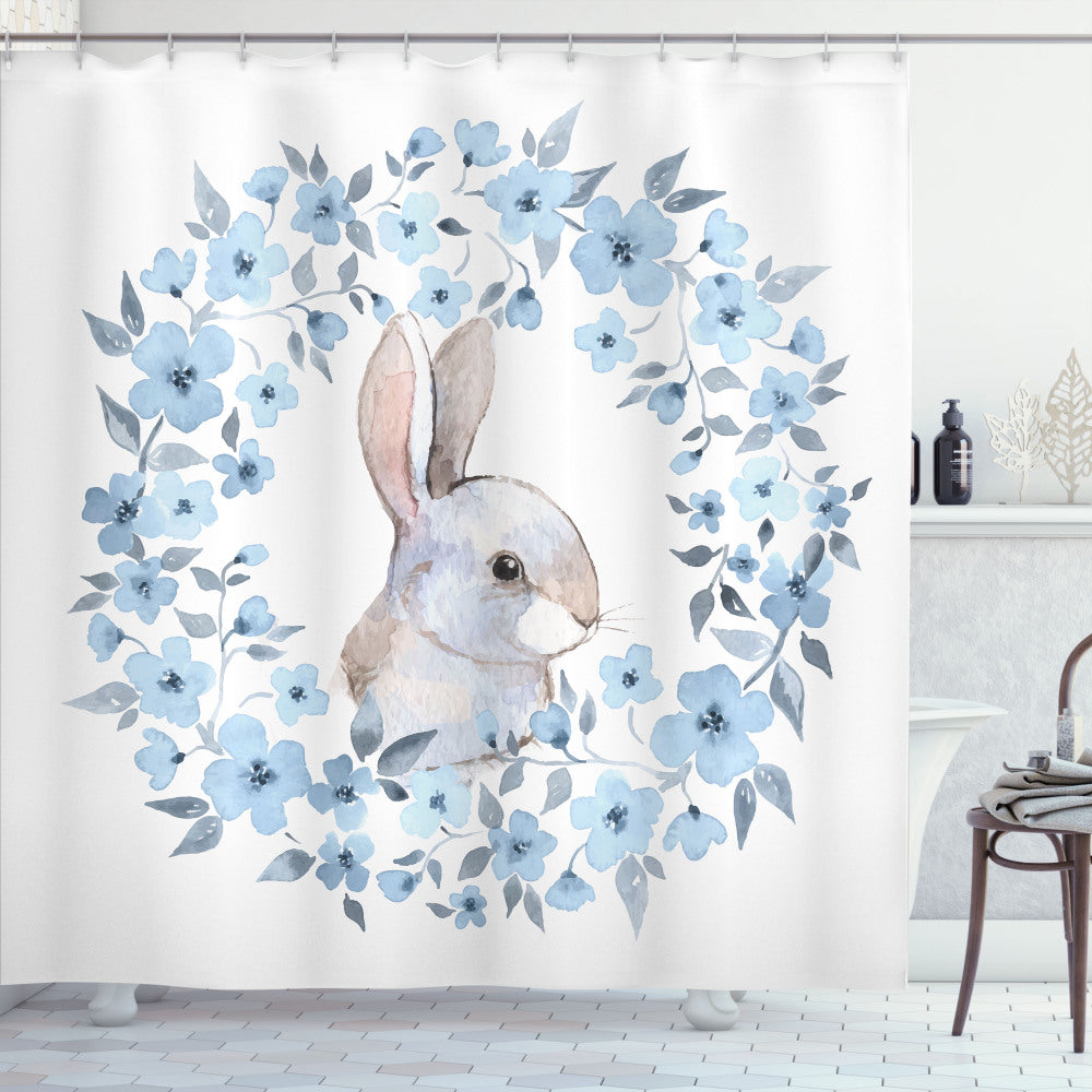 Watercolor Flower Rabbit Portrait on Blue Grey White Shower Curtain