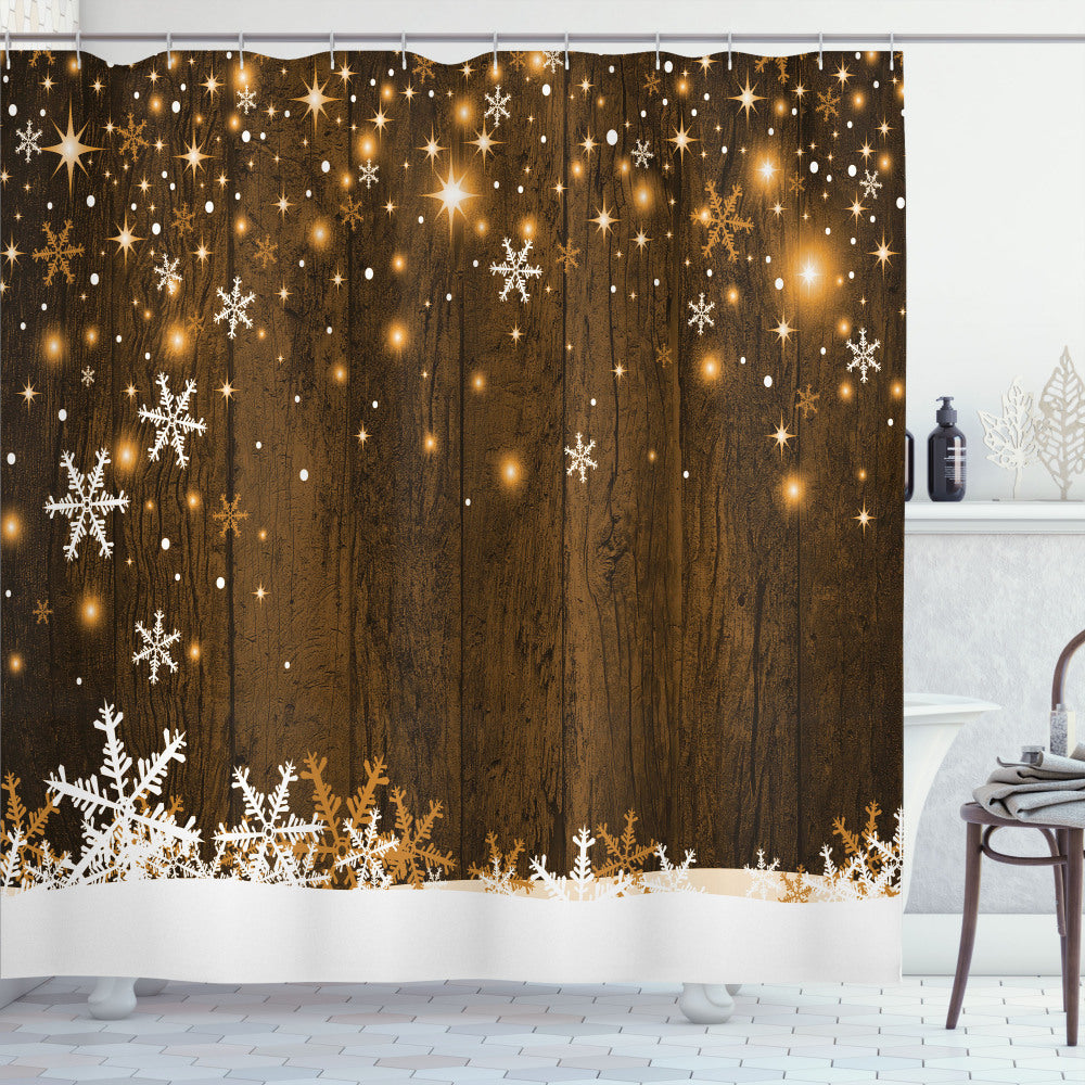 Christmas Inspired Wood and White Snowflakes Shower Curtain