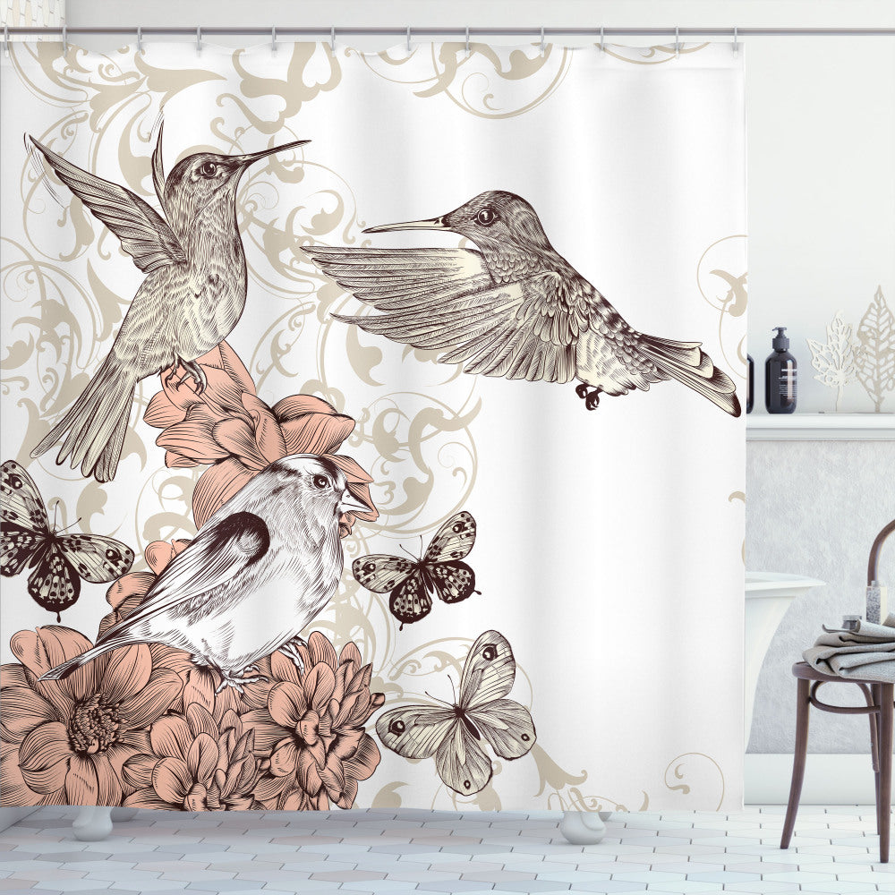 Birds and Butterflies Art Shower Curtain with Hummingbird, Brown and Tan Design