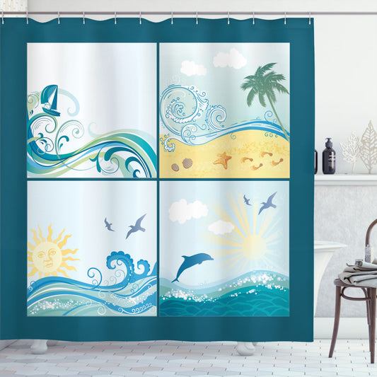 Coastal Waves: Beach, Beige, Green, and Blue Themed Shower Curtain