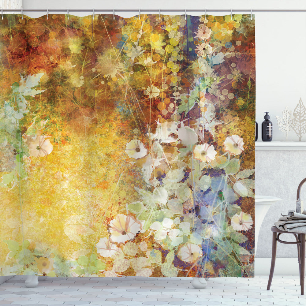 Autumn Foliage Shower Curtain - Featuring Multicolor Palette of Pale Green, Black, and White Leaves