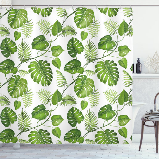 Swirling Palm Banana Tree Leaf Design Shower Curtain in Pale Green