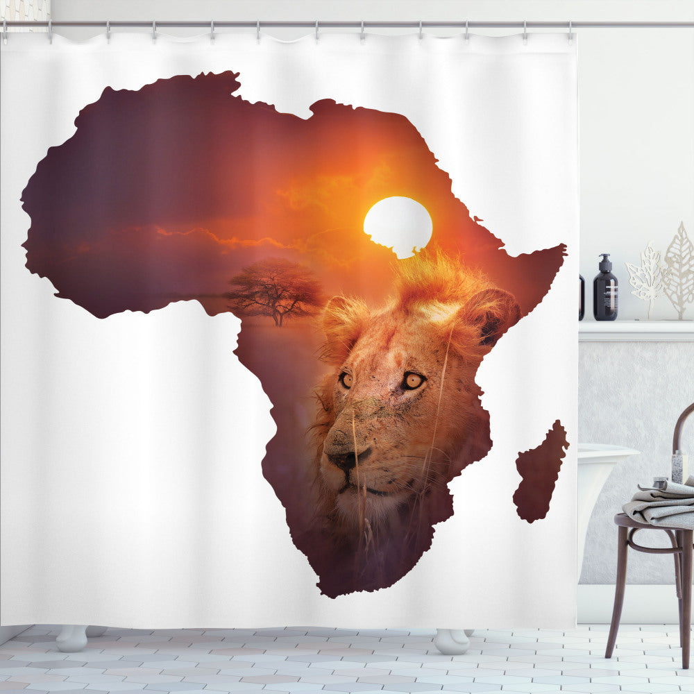 The Safari Sunset: Lion and African Map Design on Eggplant and Orange Shower Curtain