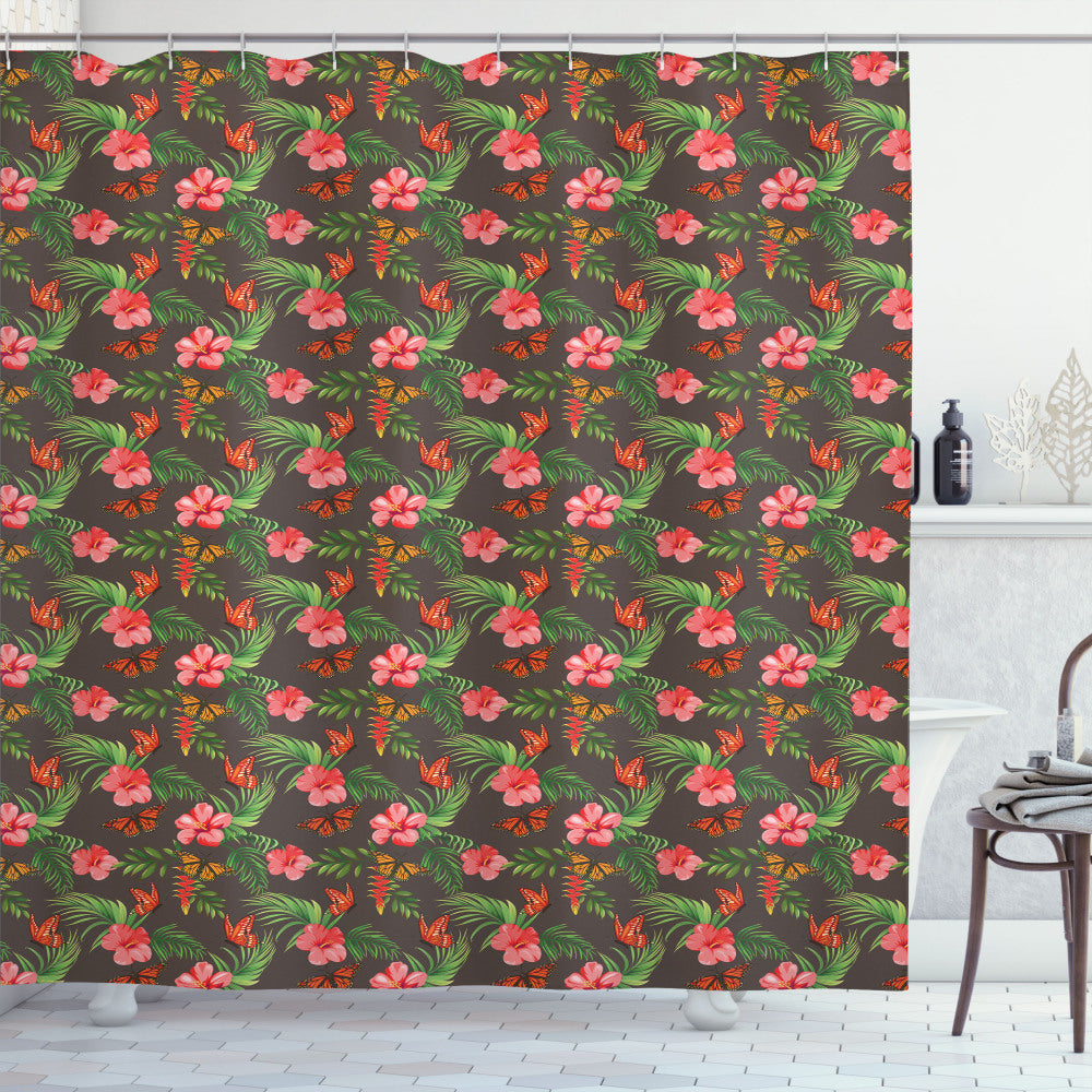 Tropical Flora Shower Curtain in Exotic Shades of Pale Orange, Coral, Vermilion, and Marigold