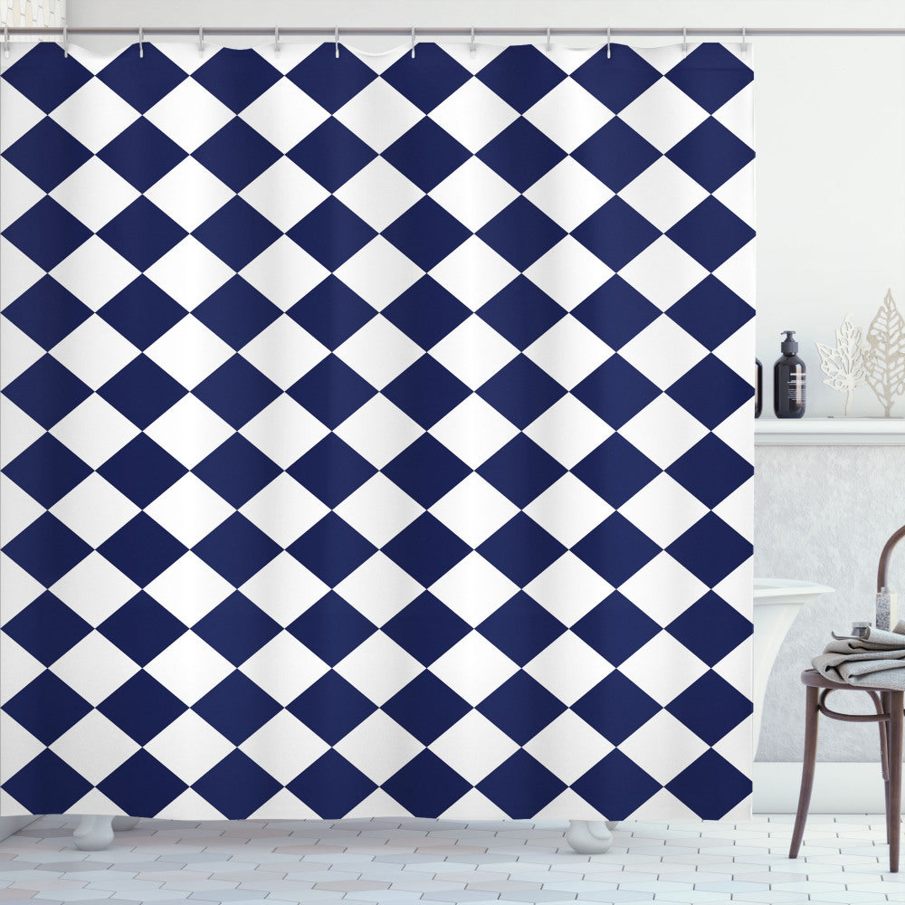 Blue and Navy Blue Inspired Old Home Tile Shower Curtain in White