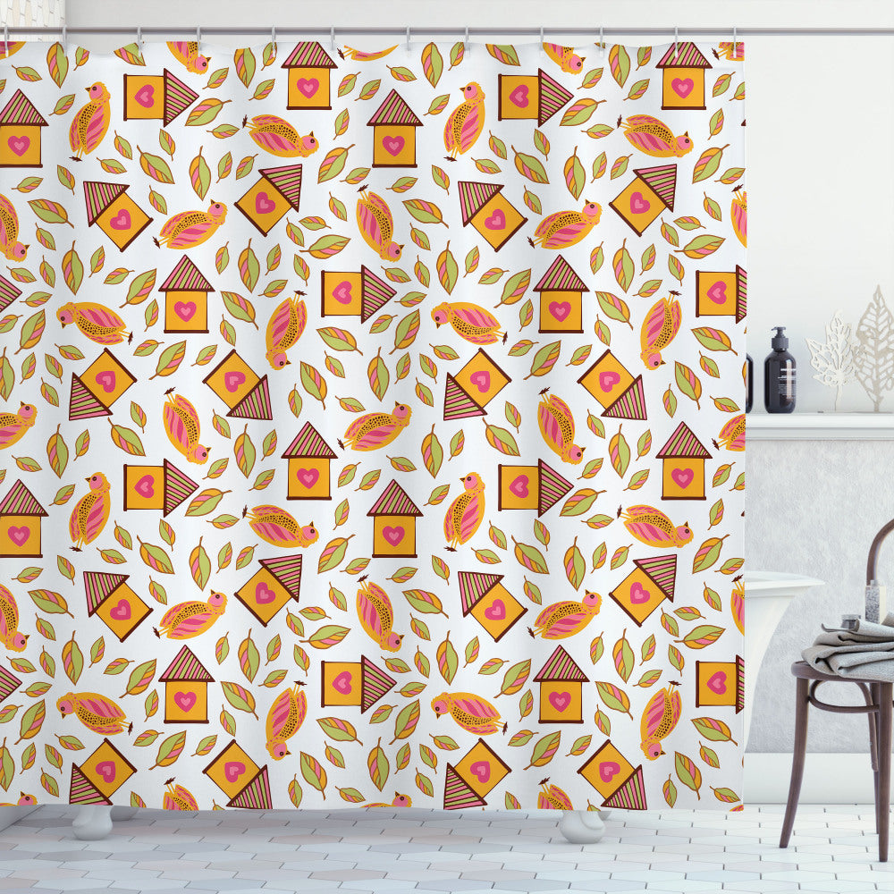 Autumn-Inspired Birds and Leaves Tiny Houses Shower Curtain