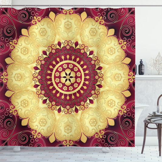 Baroque-inspired Bath Curtain in Purple Mandala, Maroon, and Yellow