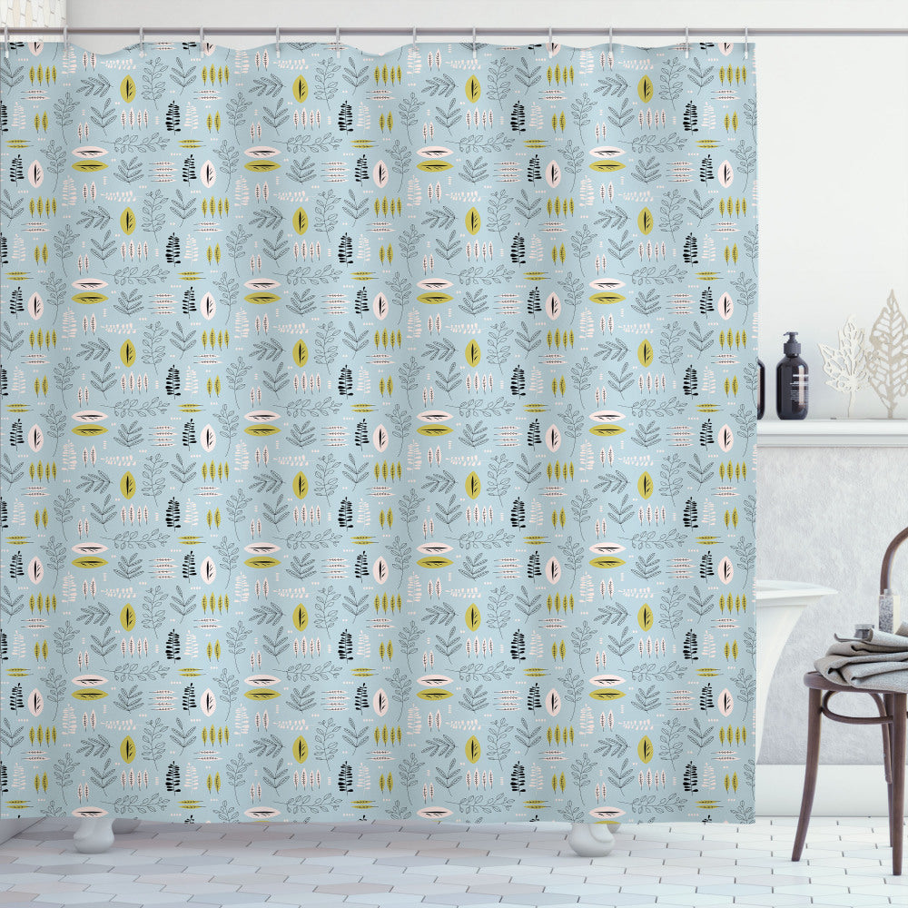 Botanical Bath Curtain in Pale Blue, Baby Pink, Khaki, and Charcoal Grey - Leaves and Branches Design