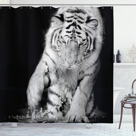 Tiger-Themed Pale Grey and Black Shower Curtain Featuring a Large Cat Playing in Water