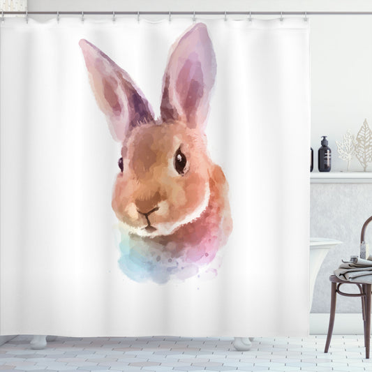 Watercolor Bunny Head Design in Pale Brown and Lilac on Shower Curtain