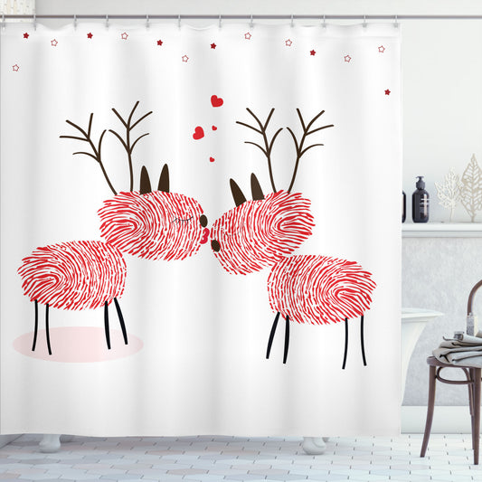 Whimsical Reindeer Kissing in Vermilion, Chocolate, and White Fingerprints - Shower Curtain