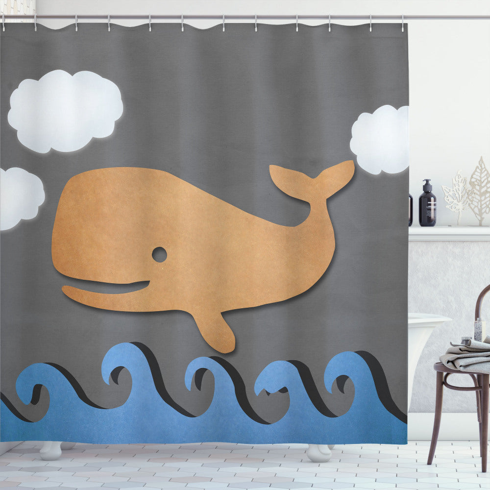 Wooden Paper Base Whale Design Shower Curtain in Brown, Grey, and Blue Colors