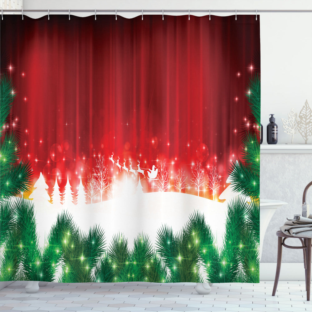 Christmas-Themed Shower Curtain in White, Green, and Red Colors