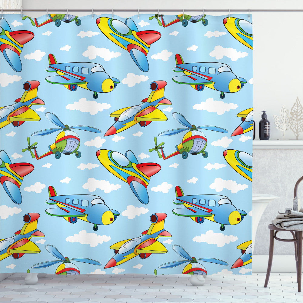 Yellow and Blue Plane and Helicopter Shower Curtain