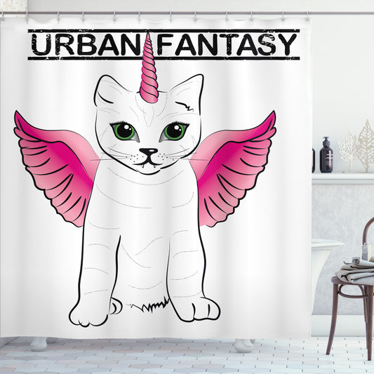 Urban Fantasy Art Meets Unicorn Cat: Mystical Black and Pink Shower Curtain