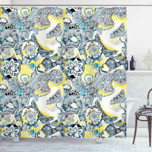 Vintage Style Mandala Shower Curtain in Yellow and Blue Color Palette