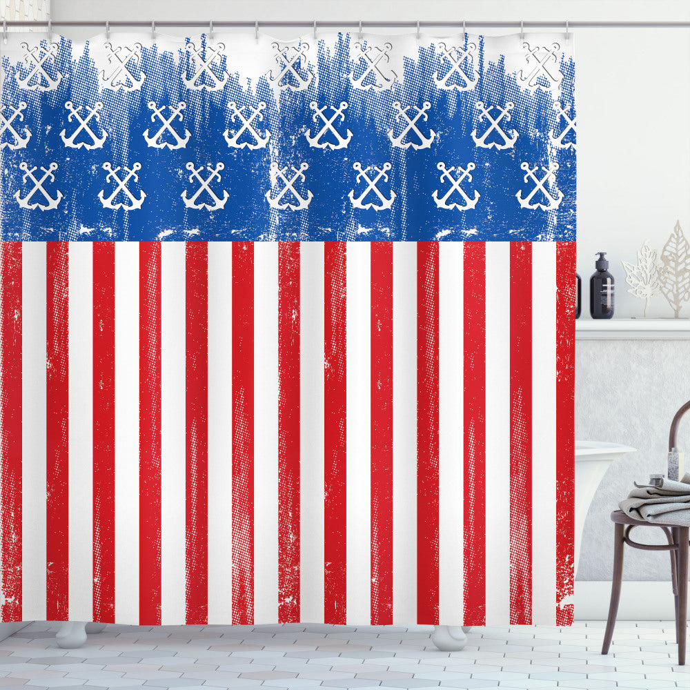 USA Patriotic Grunge Flag Marine Shower Curtain in Vermilion, Cobalt Blue, and White