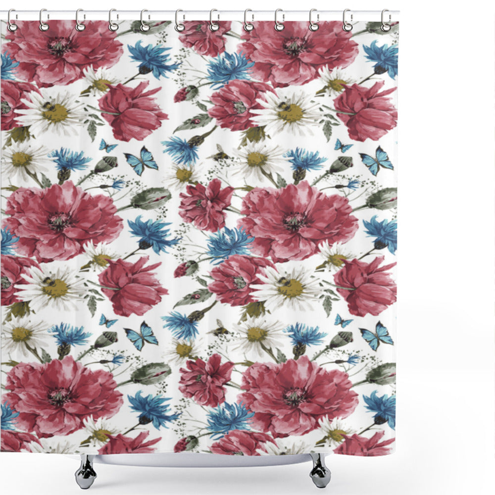 Watercolor Wildflower Bouquet Shower Curtain Featuring Dried Roses in Green and Blue Tones