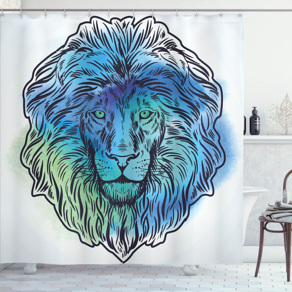 Turquoise and Pale Blue Lion Portrait Shower Curtain - King of the Forest