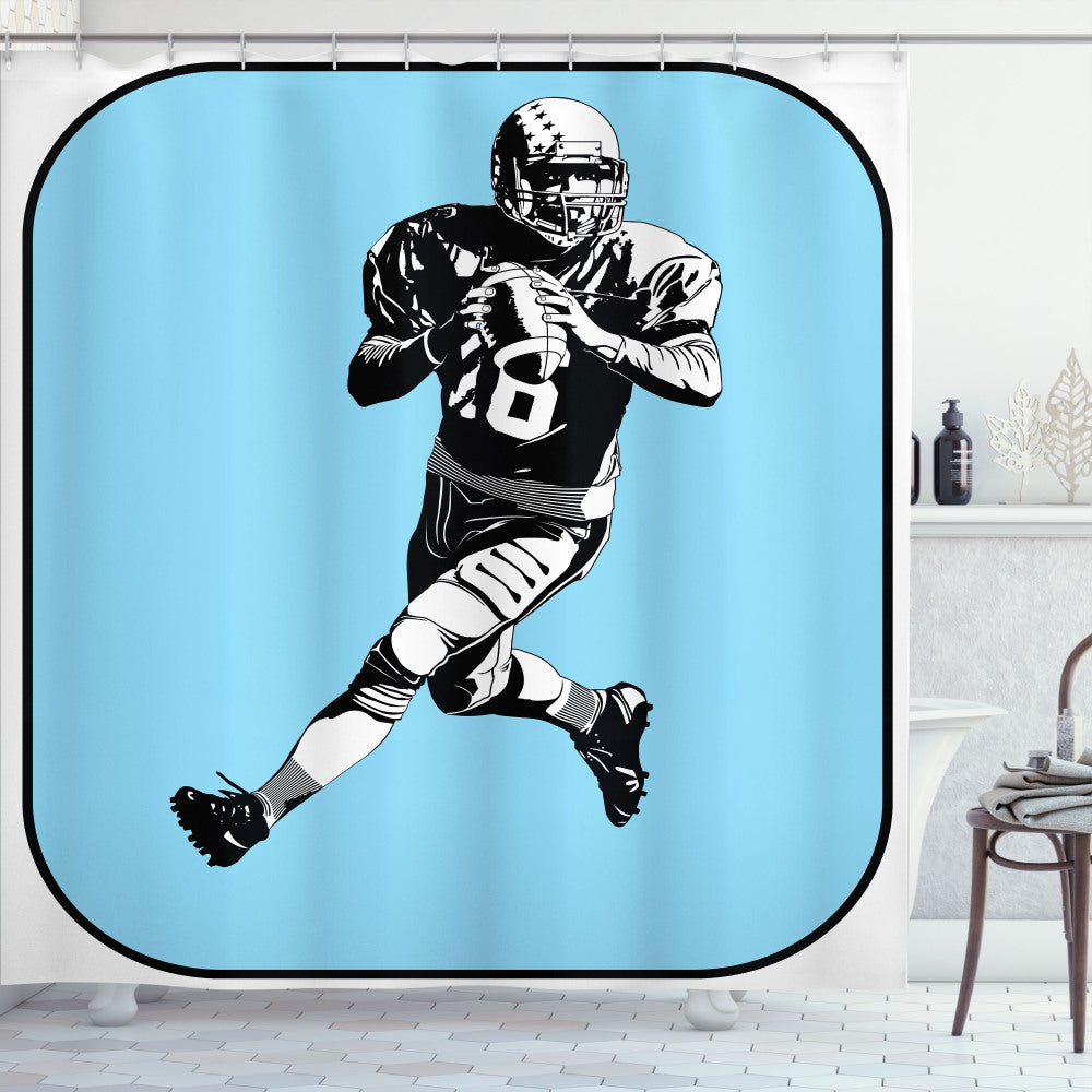 American Football Retro Sports Shower Curtain in White, Black, and Blue Palette