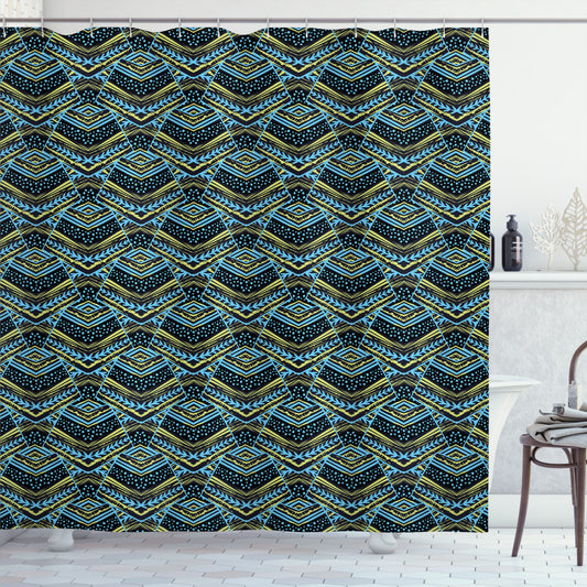 Abstract Aztec Floral Geometric Art Shower Curtain in Pale Green, Sky Blue, and Charcoal Grey Stripes