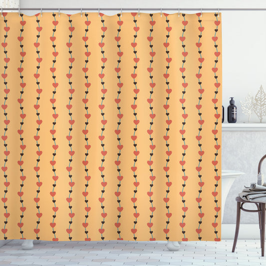 Valentine's Hearts Shower Curtain in Orange, Dark Brown, Vermilion, and Blue